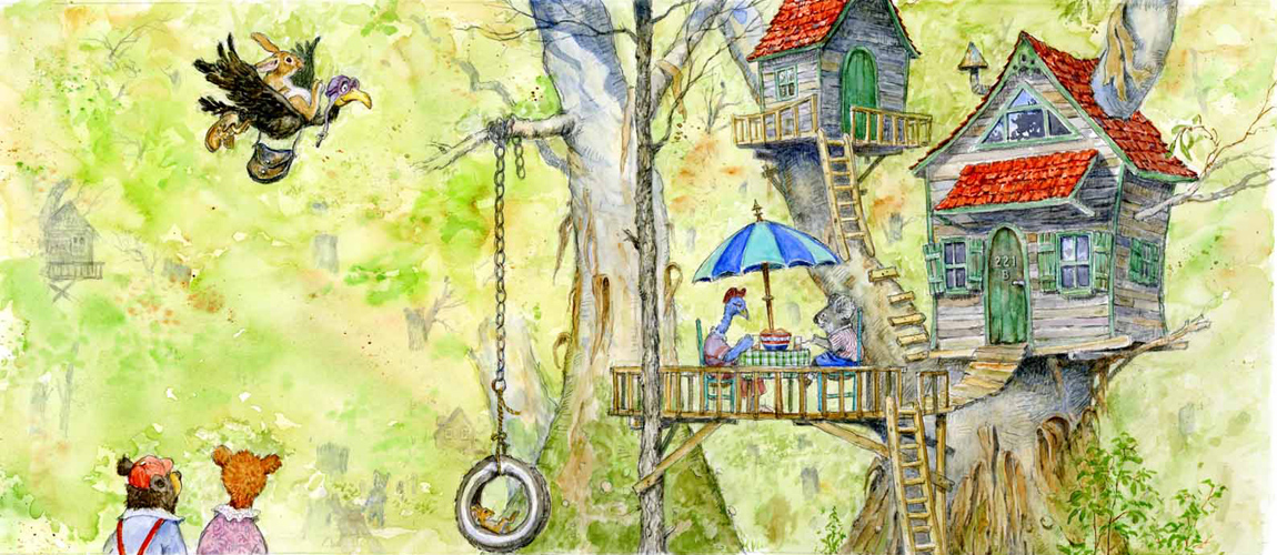 Art:  ‘TREEHOUSE WITH A TIRE SWING’ (Koala bear entertains a friend at his treehouse home.)  Original childen’s book art by artist Jim Harris.